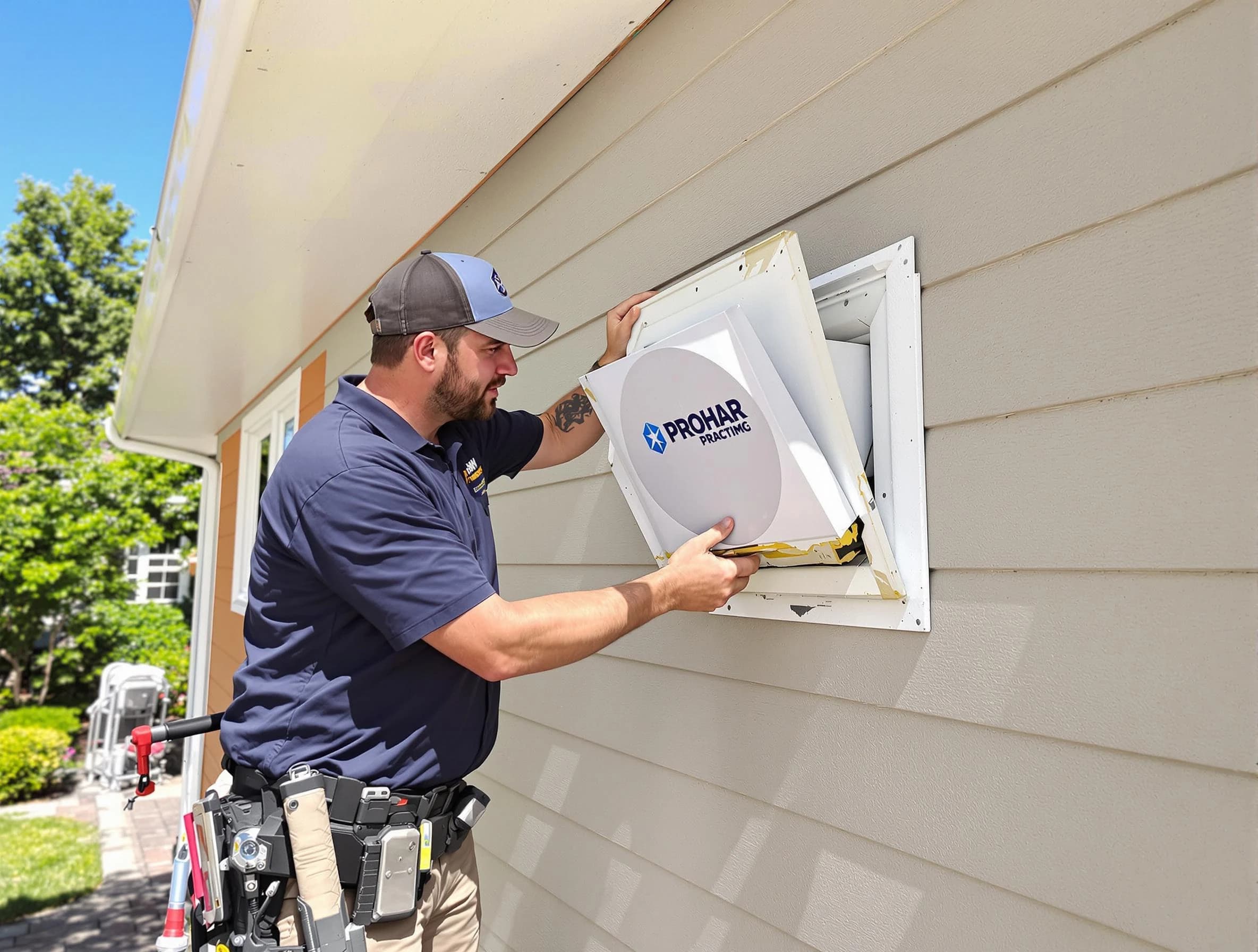 Blackstone Dryer Vent Cleaning technician installing a new protective dryer vent cover on a home in Blackstone