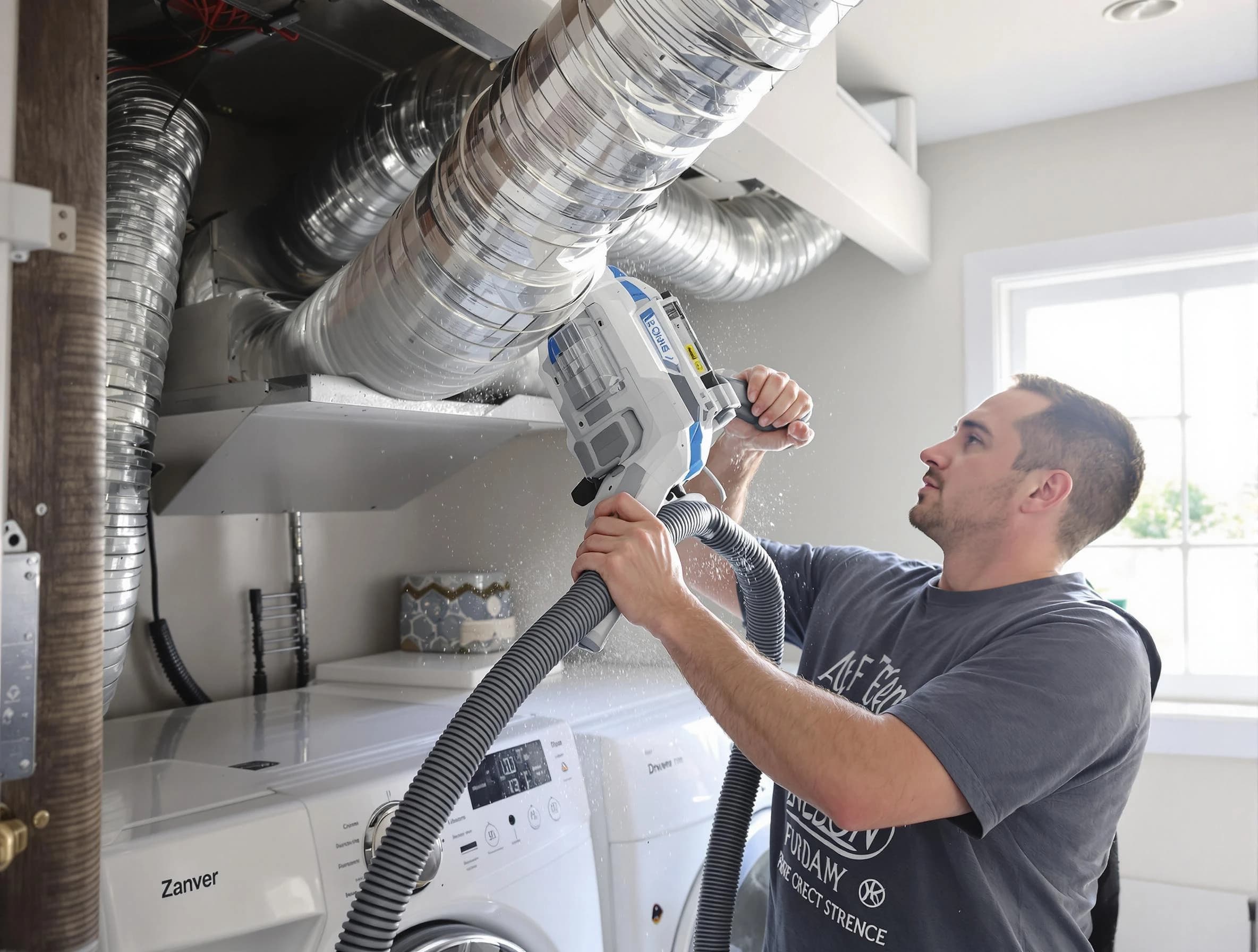 Blackstone Dryer Vent Cleaning specialist cleaning deep within a dryer vent duct system in Blackstone