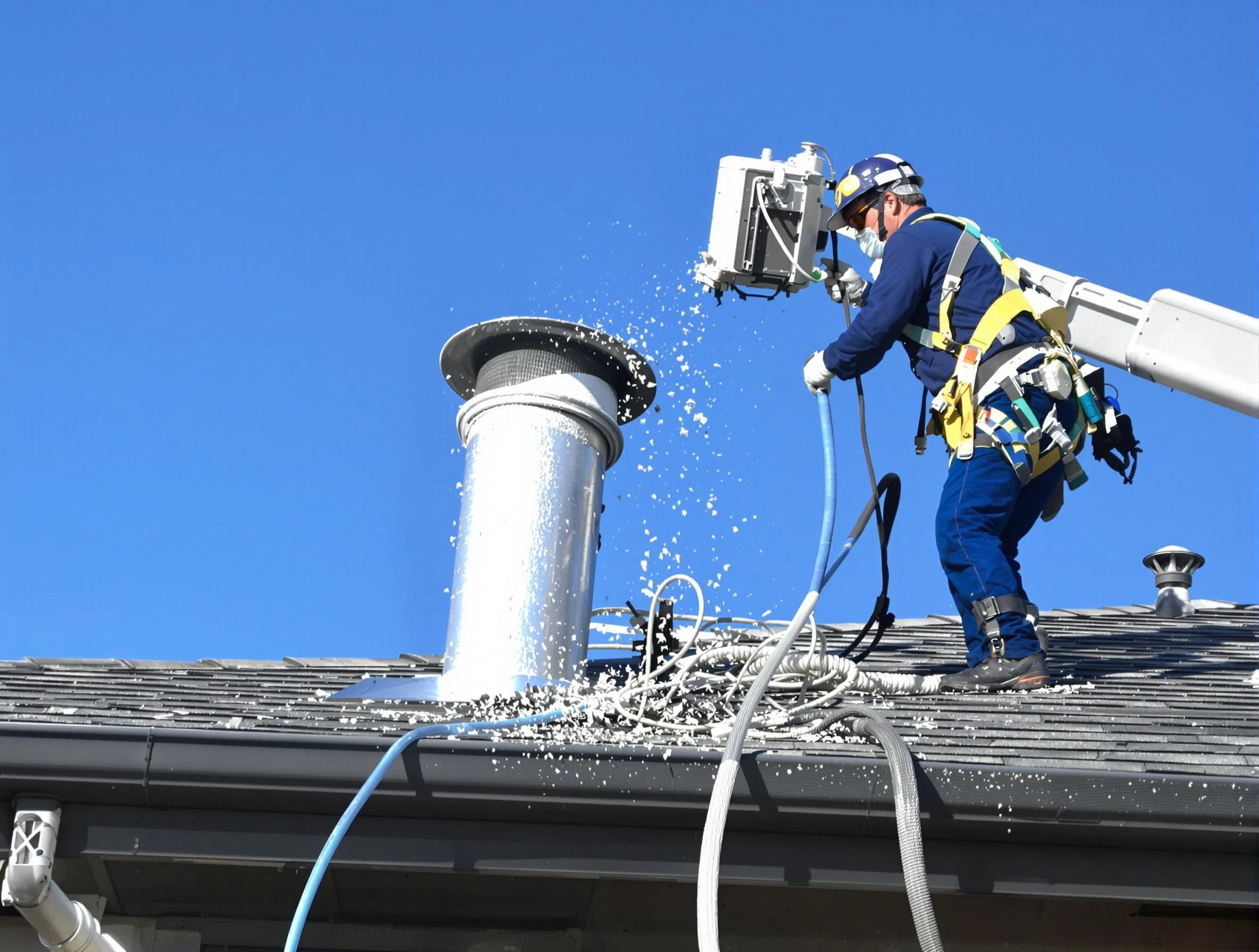 Blackstone Dryer Vent Cleaning certified technician safely cleaning a roof-mounted dryer vent in Blackstone