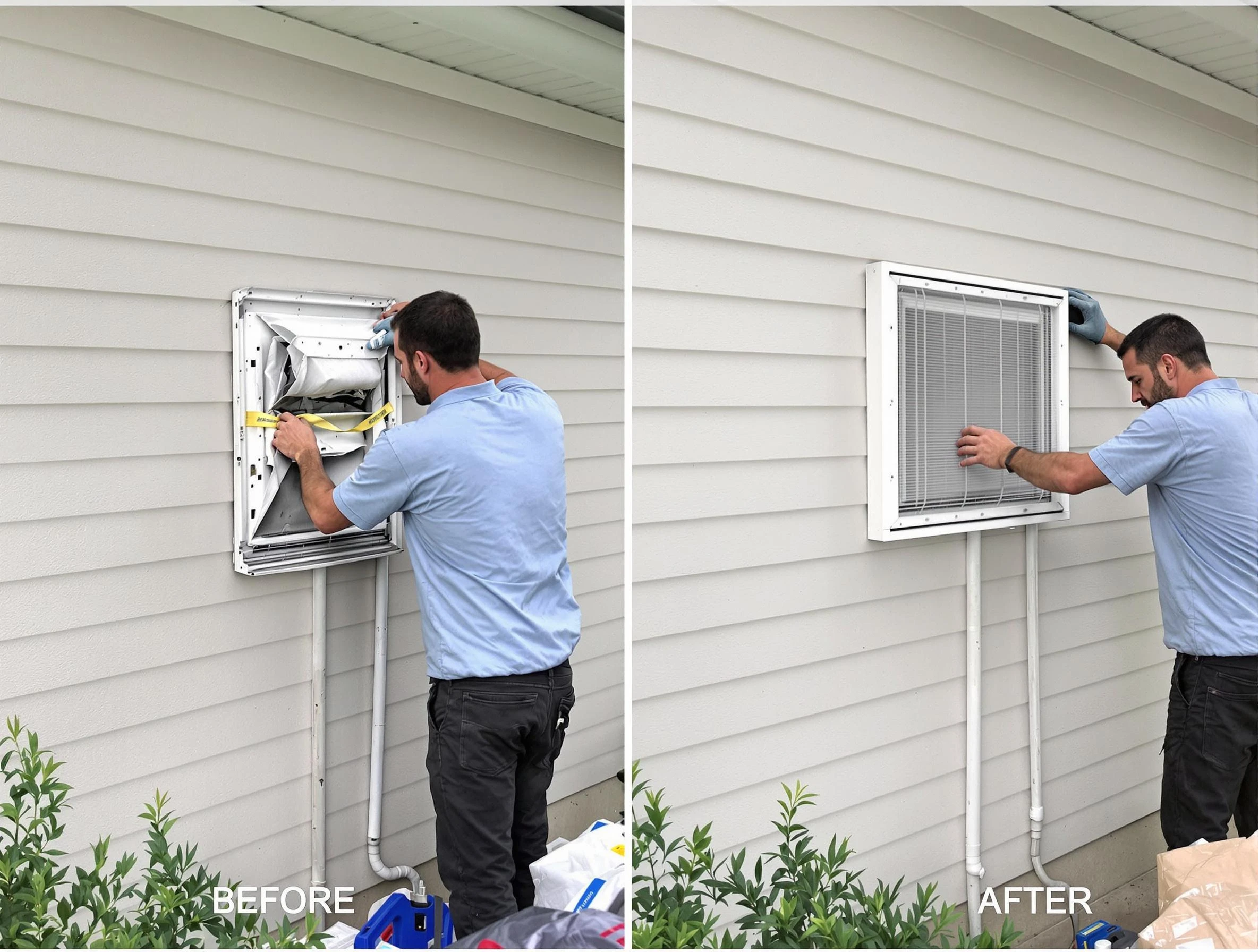Blackstone Dryer Vent Cleaning technician installing high-quality dryer vent cover at a residential property in Blackstone